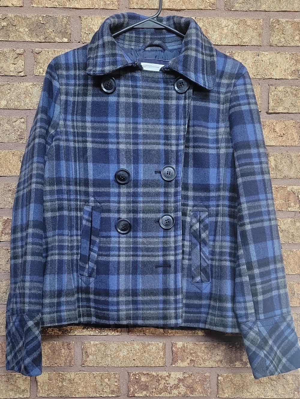 Vintage Aeropostale Blue Gray Plaid Double-Breasted Peacoat Size XL Wool Blend